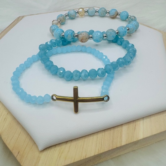 Stainless Steel Cross beaded Arm Candy  Bracelet -  Blue Marine - Picture 5 of 6